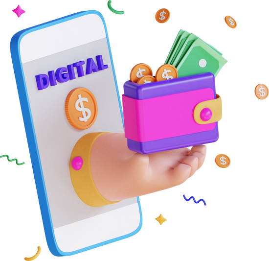 3d finance wallet icon illustration with smartphone